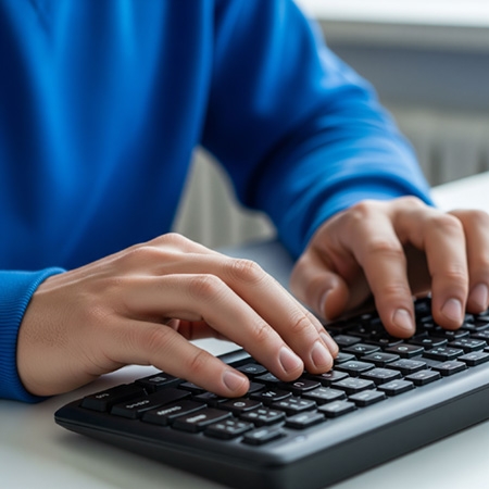 A close up of a pair of hands on a black computer keyboard