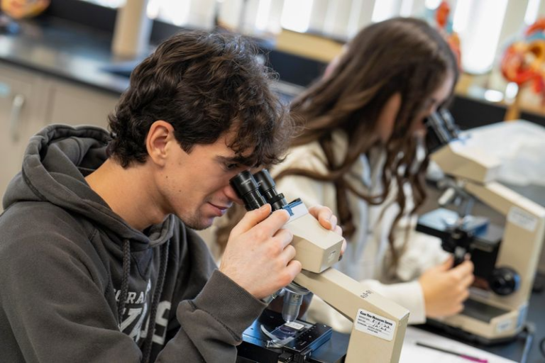 买球app students in a lab looking through microscopes